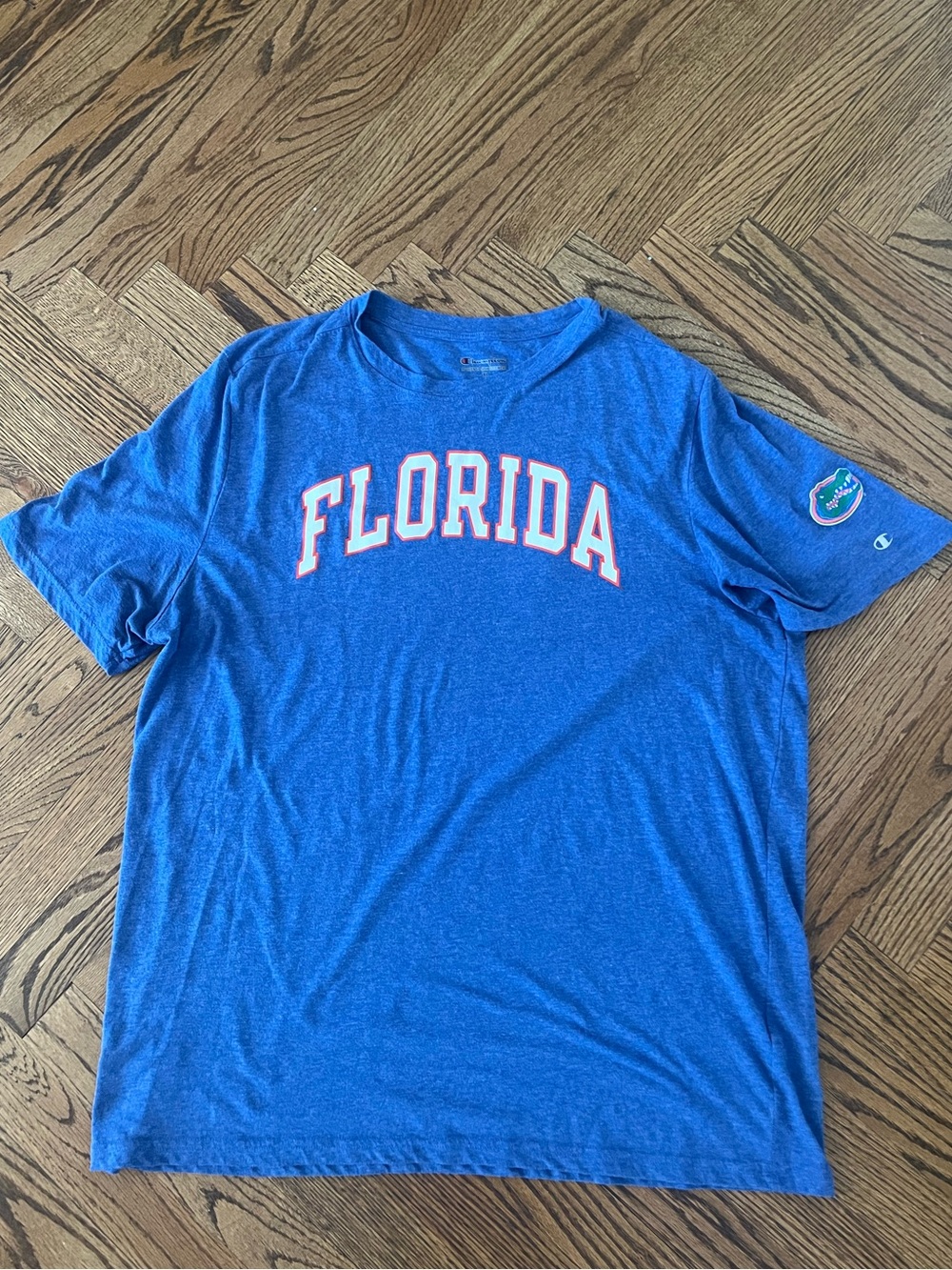 Florida Gators Champion Brand Blue Tee - Florida Logo & Gator on Sleeve, XL, EUC